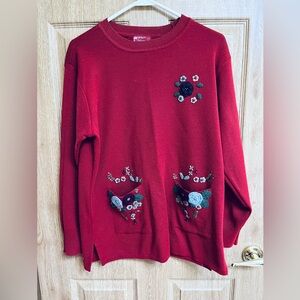Red wool Floral Embroidered detail Women's Sweater